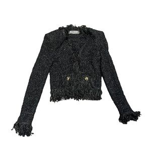 Balmain black wool blend fringed tweed jacket